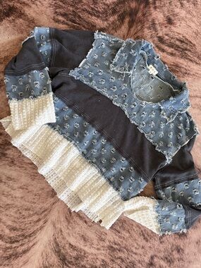 POL Two-Tone Blue and Cream Patchwork Sweatshirt